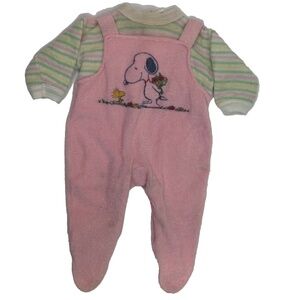 VTG 90s Snoopy Footie Romper 6M Terry Cloth Pink Overalls Woodstock Retro READ